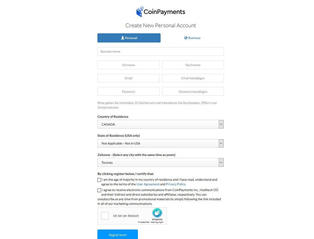 CoinPayments Account erstellen