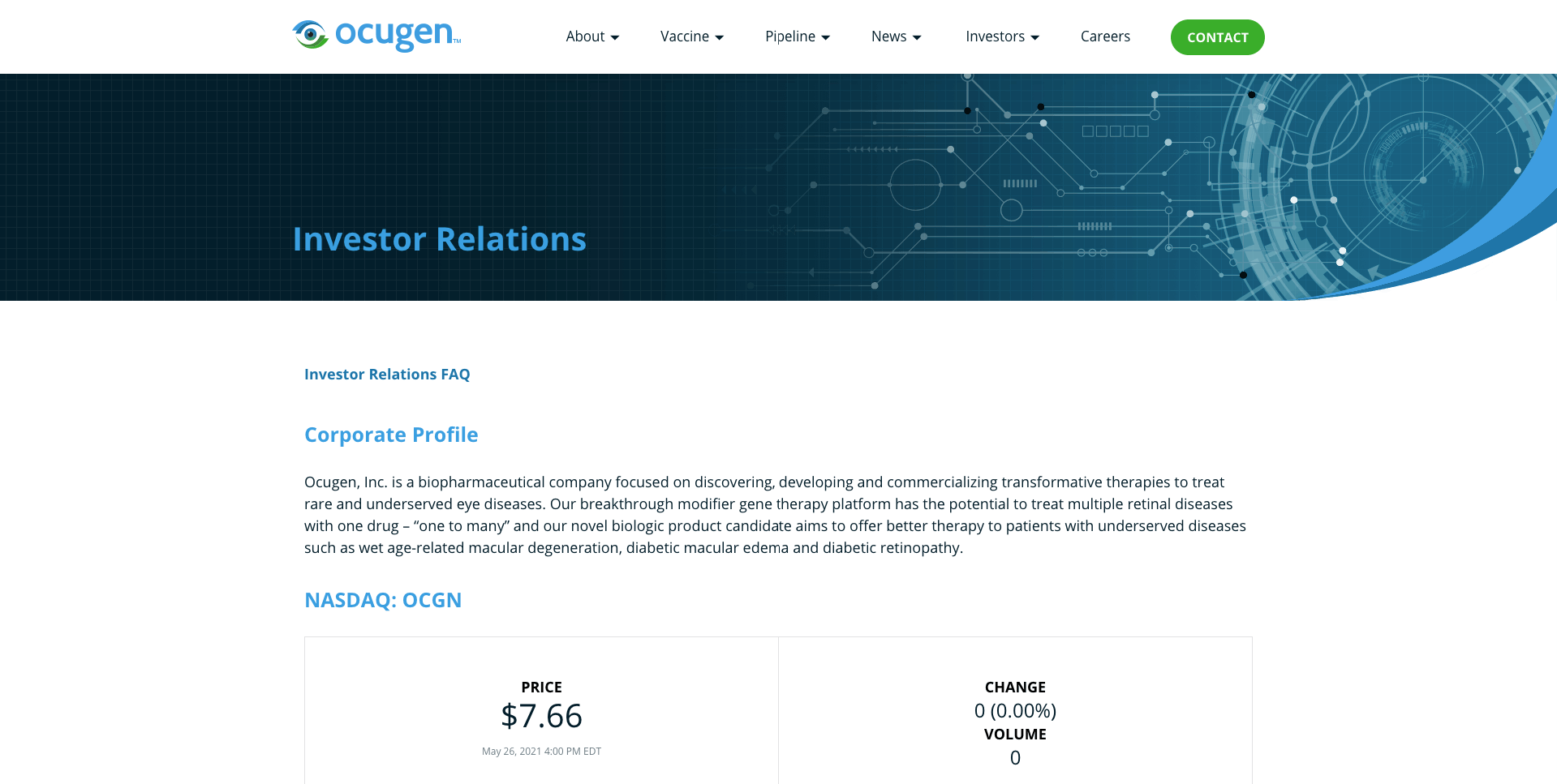 Ocugen Investor relations