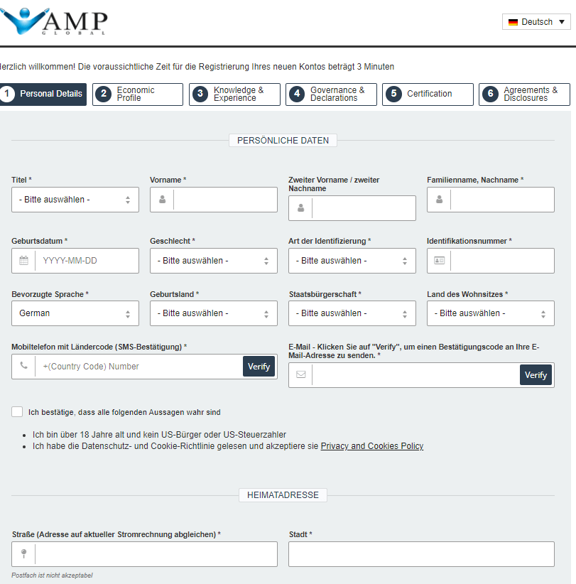 amp global registrierungsformular