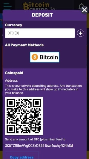 BitcoinCasino.io deposit