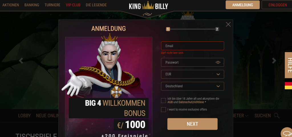 King Billy Casino Anmeldung