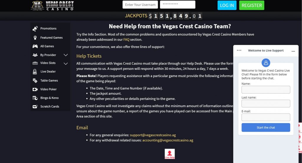 VegasCrest Casino Support