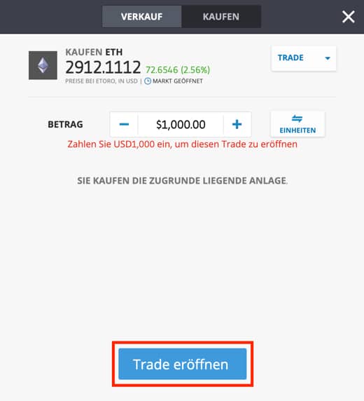 eToro Ethereum Trade eröffnen