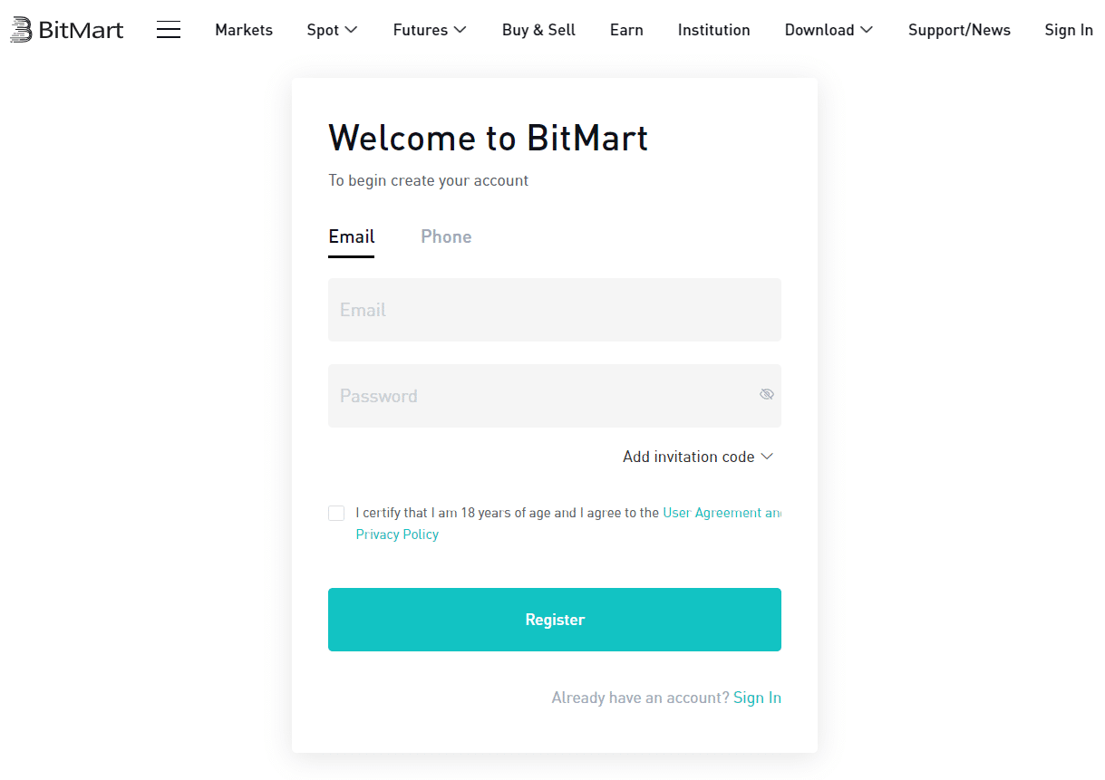 Bitmart Konto erstellen