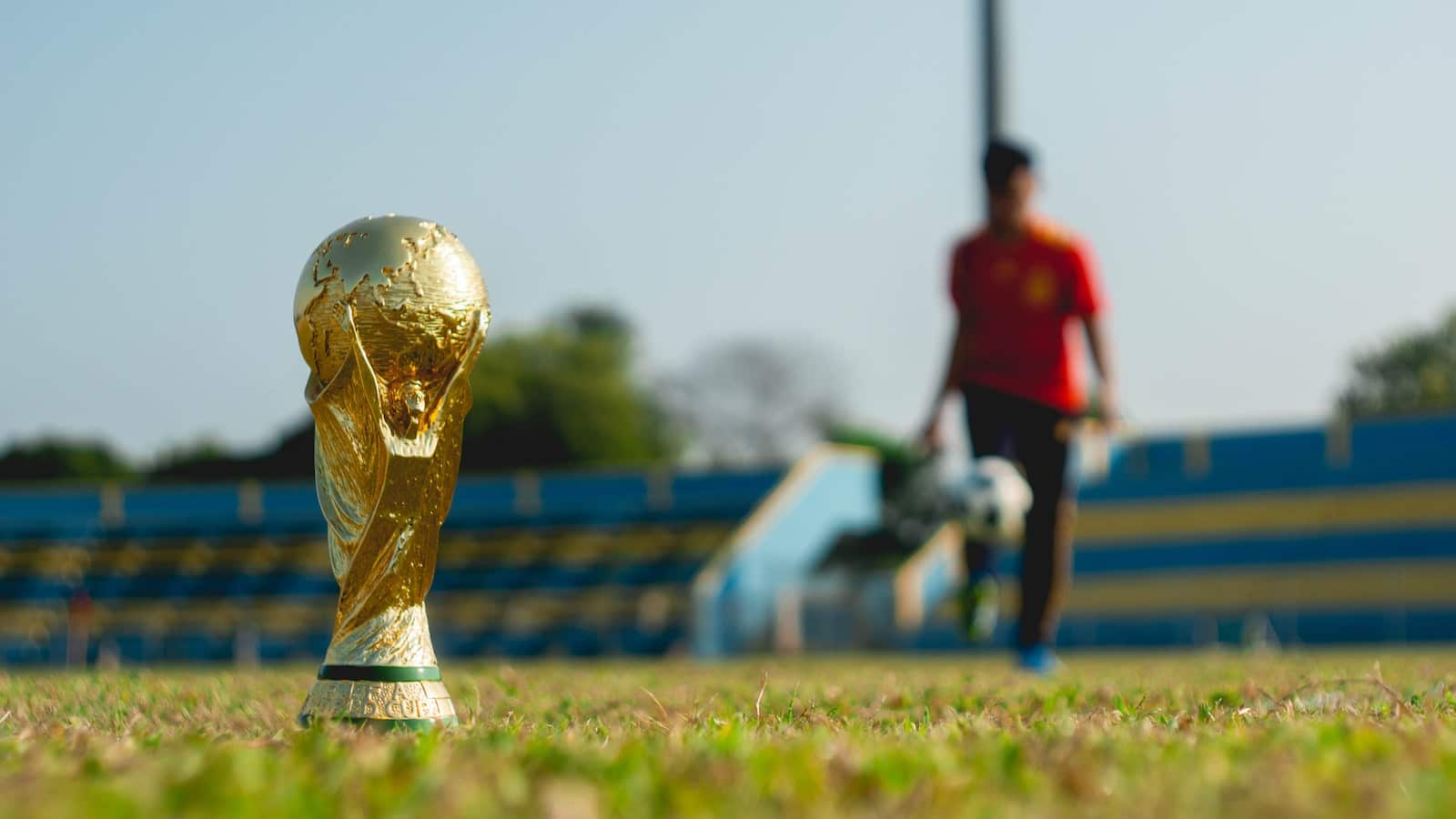 selective focus photography of gold-colored trophy on grass field during daytime