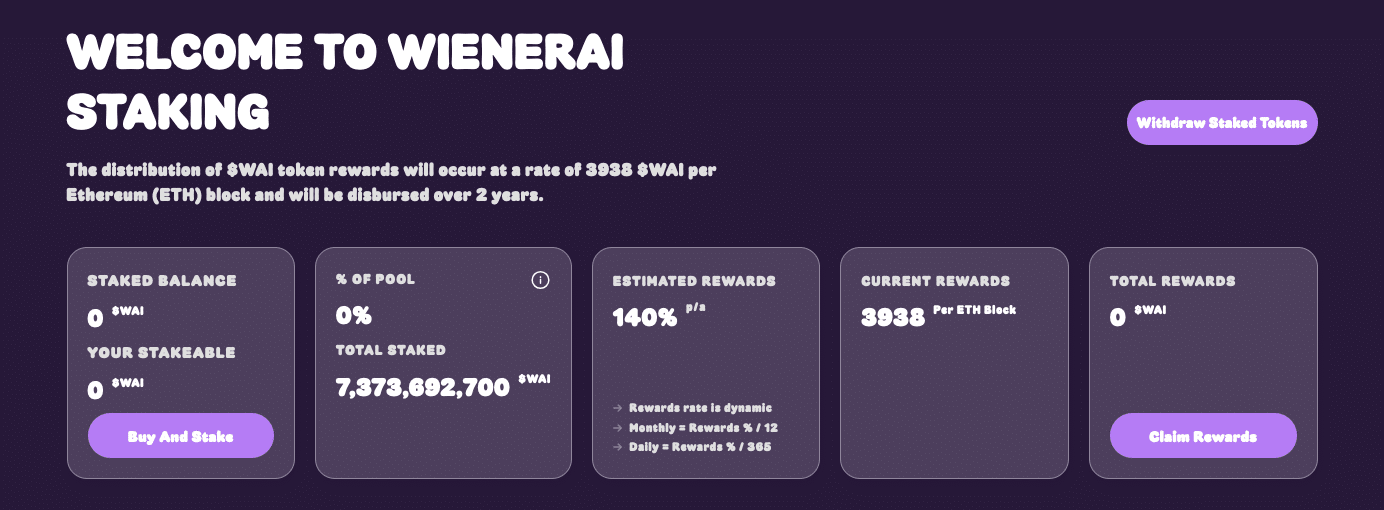 Mit dem Staking von WAI lassen sich aktuell bis zu 140 % jährlicher Rendite verdienen | Quelle: Wienerdog.ai