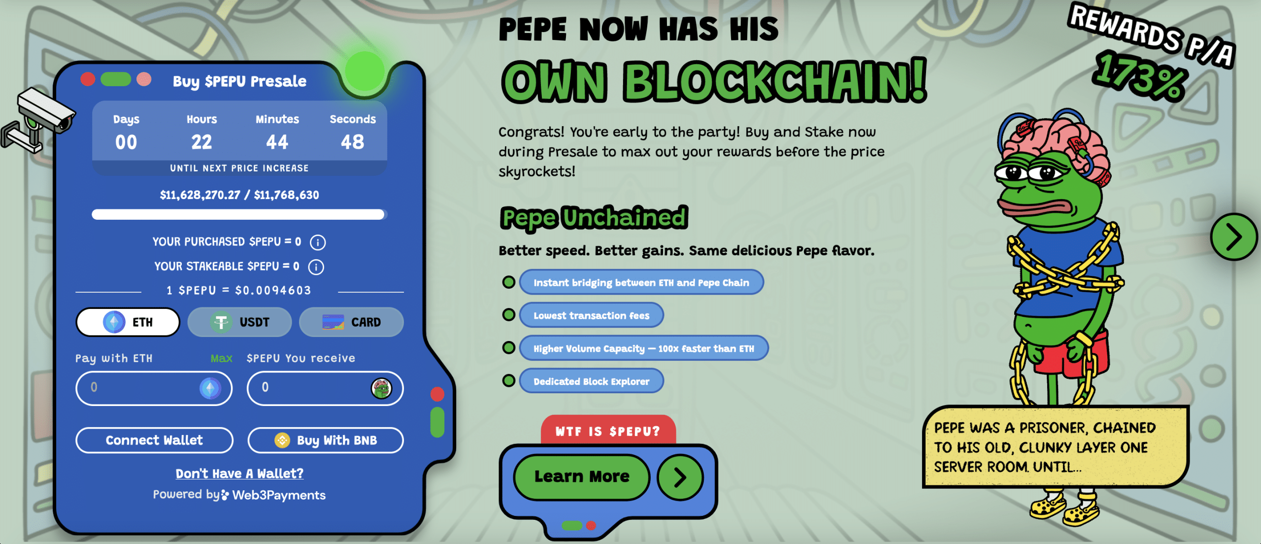 Pepe Unchained befindet sich noch im PreSale und hat eine eigene Layer-2-Chain | Quelle: Pepeunchained.com