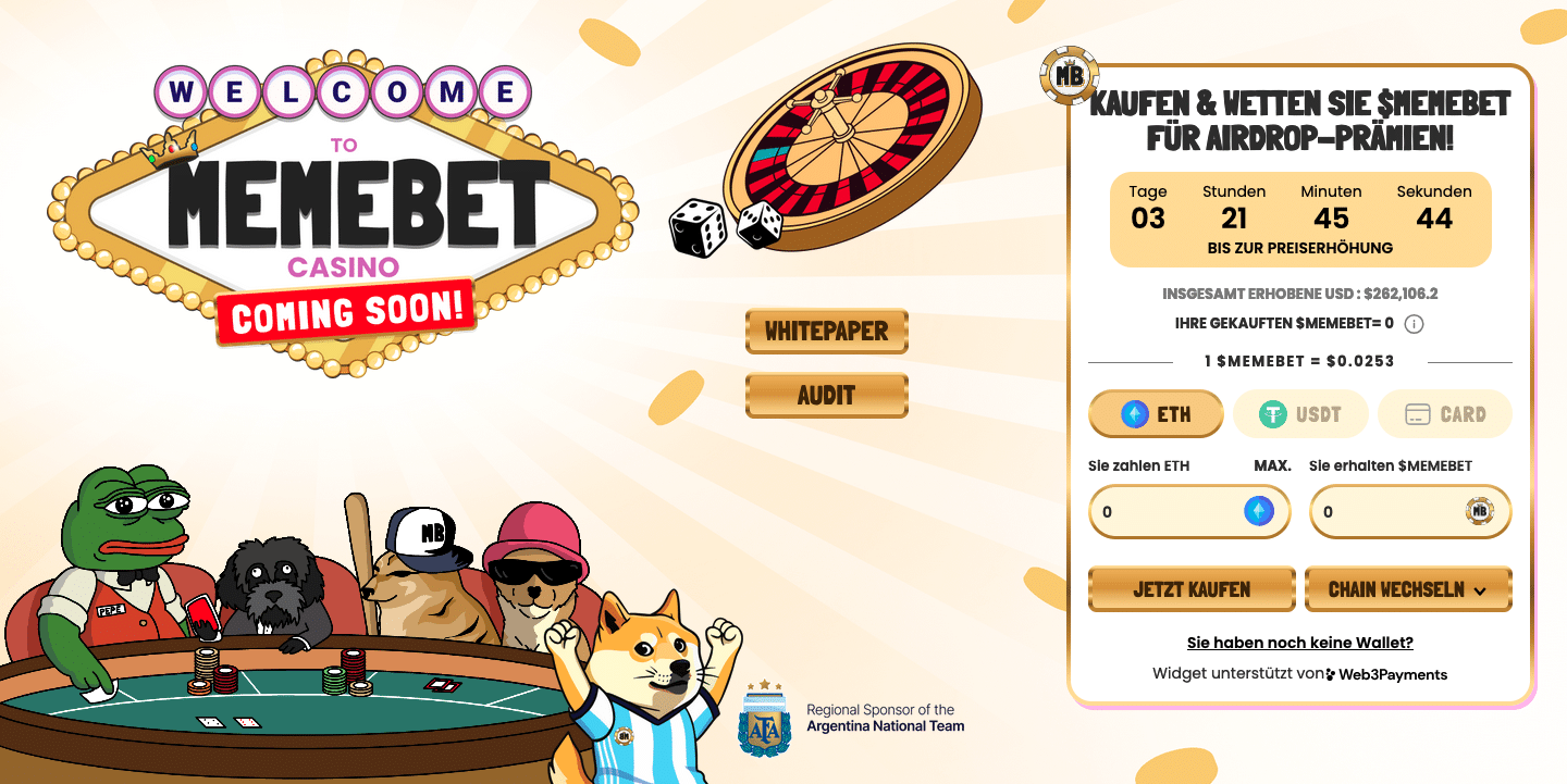 $MEMEBET konnte im PreSale bereits über 260.000 Dollar generieren | Quelle: Memebettoken.com