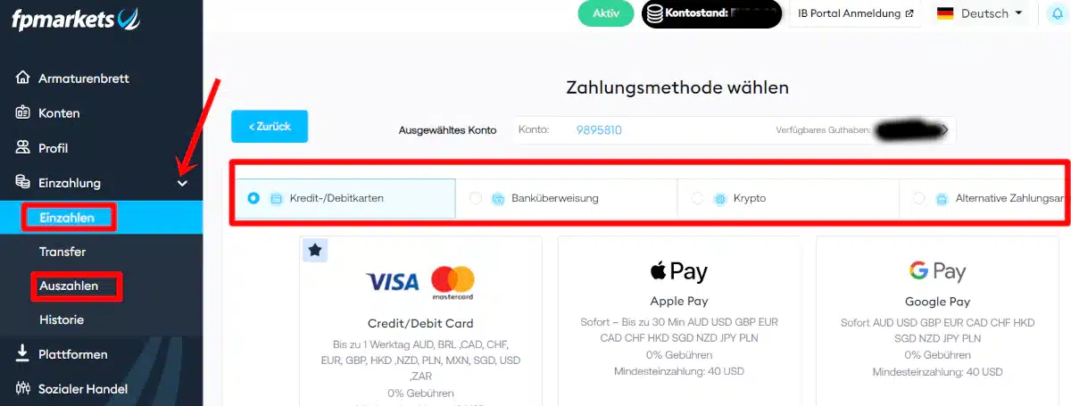 FP Markets Gewinne auszahlen