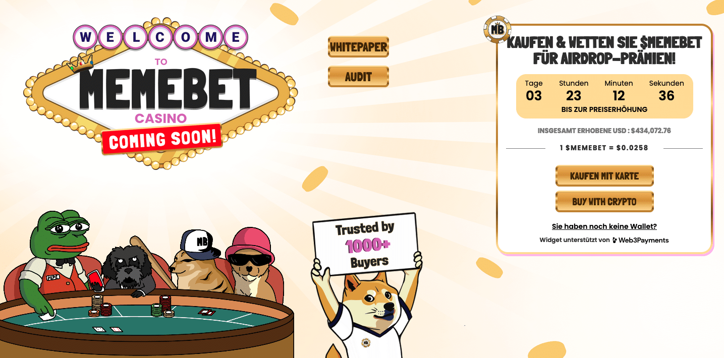 MEMEBET-PreSale hat bereits 430.000 Dollar Marke geknackt | Quelle: Memebettoken.com