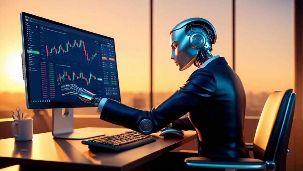 Roboter am PC, der Crypto Charts analysiert