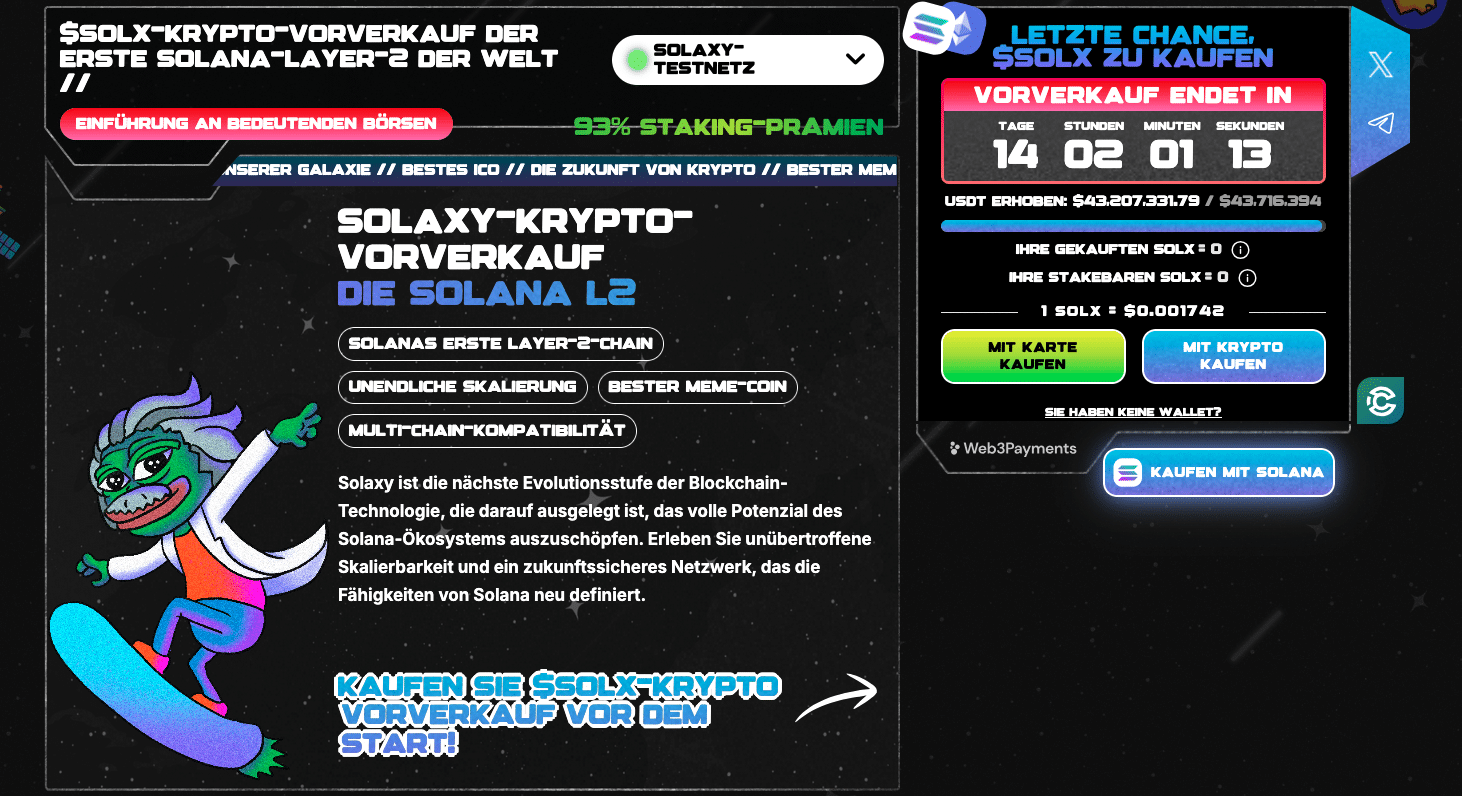 Der Presale von SOLX hat bereits 43 Millionen $ generiert | Quelle: Solaxy.io