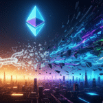 Eine schockierte Person blickt auf eine futuristische Landschaft, in der das Ethereum-Logo am Himmel schwebt, während eine Kette oder ein Netzwerk, das den "Supply Shock" symbolisiert, zerbricht. Die Szene ist in dramatischen, futuristischen Farben gehalten.