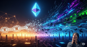 Eine schockierte Person blickt auf eine futuristische Landschaft, in der das Ethereum-Logo am Himmel schwebt, während eine Kette oder ein Netzwerk, das den "Supply Shock" symbolisiert, zerbricht. Die Szene ist in dramatischen, futuristischen Farben gehalten.