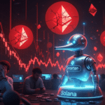 Eine düstere Börsenlandschaft mit fallenden Charts und nervösen Tradern. Rote Ethereum-Logos sind überall zu sehen, während ein leuchtender Snorter-Roboter auf einem Solana-Logo aus dem Chaos hervorsticht.