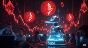 Eine düstere Börsenlandschaft mit fallenden Charts und nervösen Tradern. Rote Ethereum-Logos sind überall zu sehen, während ein leuchtender Snorter-Roboter auf einem Solana-Logo aus dem Chaos hervorsticht.