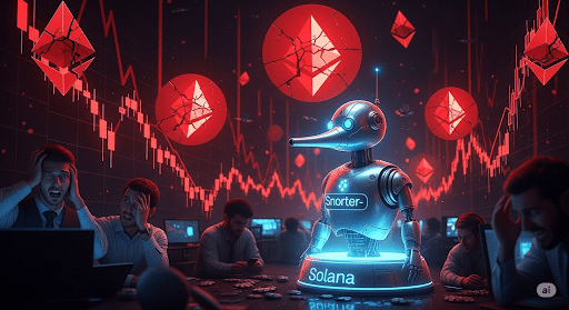 Eine düstere Börsenlandschaft mit fallenden Charts und nervösen Tradern. Rote Ethereum-Logos sind überall zu sehen, während ein leuchtender Snorter-Roboter auf einem Solana-Logo aus dem Chaos hervorsticht.