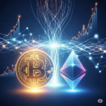 Eine professionelle, digitale Illustration, die die Welt der Kryptowährungen visualisiert. Im Vordergrund sind leuchtende Bitcoin- und Ethereum-Symbole zu sehen, die von abstrakten Datenströmen, Netzwerkknoten und Diagrammen umgeben sind. Die Farbpalette kombiniert futuristische Blau- und Violetttöne mit goldenen und orangen Akzenten, um Technologie und Finanzen darzustellen.