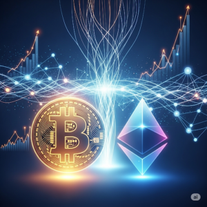 Eine professionelle, digitale Illustration, die die Welt der Kryptowährungen visualisiert. Im Vordergrund sind leuchtende Bitcoin- und Ethereum-Symbole zu sehen, die von abstrakten Datenströmen, Netzwerkknoten und Diagrammen umgeben sind. Die Farbpalette kombiniert futuristische Blau- und Violetttöne mit goldenen und orangen Akzenten, um Technologie und Finanzen darzustellen.