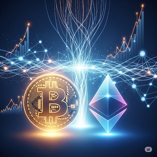 Eine professionelle, digitale Illustration, die die Welt der Kryptowährungen visualisiert. Im Vordergrund sind leuchtende Bitcoin- und Ethereum-Symbole zu sehen, die von abstrakten Datenströmen, Netzwerkknoten und Diagrammen umgeben sind. Die Farbpalette kombiniert futuristische Blau- und Violetttöne mit goldenen und orangen Akzenten, um Technologie und Finanzen darzustellen.