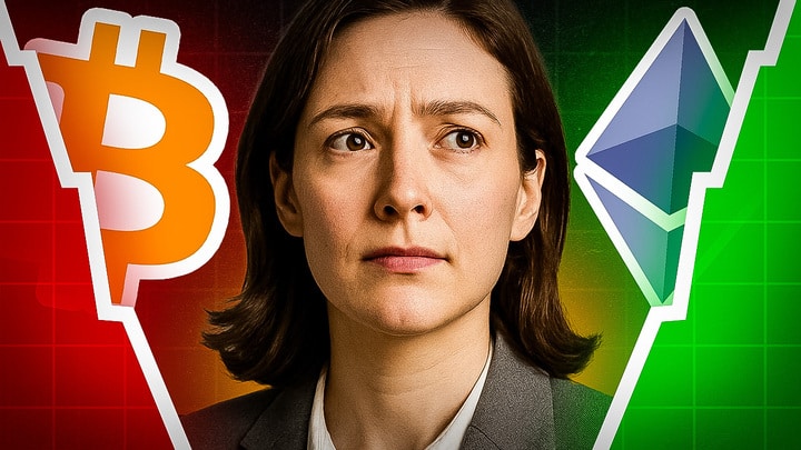 Eine Frau mit nachdenklichem Blick steht zwischen einem fallenden Bitcoin-Kurs (rot) und einem steigenden Ethereum-Kurs (grün).