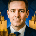 Ein lächelnder Mann in einem Anzug steht neben dem Ethereum-Logo. Im Hintergrund ist ein blauer Finanz-Chart mit einem aufsteigenden Kurs zu sehen.