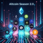 Eine futuristische, digitale Grafik mit dem Titel "Altcoin Season 2.0". Verschiedene Altcoin-Logos, darunter Ethereum, Solana und Cardano, steigen dynamisch auf, während das Bitcoin-Logo kleiner und im Hintergrund bleibt, was das Überholen von Bitcoin durch Altcoins symbolisiert. Die Grafik ist in leuchtenden Farben gehalten und hat einen dynamischen Stil.