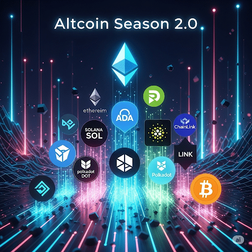 Eine futuristische, digitale Grafik mit dem Titel "Altcoin Season 2.0". Verschiedene Altcoin-Logos, darunter Ethereum, Solana und Cardano, steigen dynamisch auf, während das Bitcoin-Logo kleiner und im Hintergrund bleibt, was das Überholen von Bitcoin durch Altcoins symbolisiert. Die Grafik ist in leuchtenden Farben gehalten und hat einen dynamischen Stil.