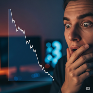 Ein einfaches, dramatisches Bild eines schockierten Anlegers. Die Person, deren Augen weit aufgerissen sind und deren Mund offen steht, schaut auf einen digitalen Bildschirm, der einen schnellen Abfall des Kryptowährungsmarktes auf einem Diagramm zeigt.