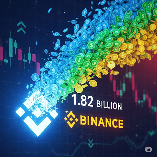 Eine dynamische, digitale Grafik, die einen leuchtenden Strom von Stablecoins (symbolisiert durch Dollarzeichen und Münzen) zeigt, der in das Logo der Kryptobörse Binance fließt. Eine große, fette Zahl „1,82 Milliarden“ ist sichtbar. Im Hintergrund deutet ein abstraktes Kryptowährungs-Chart mit auf- und absteigenden Pfeilen auf mögliche Marktbewegungen hin.