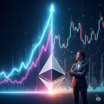Eine dramatische, symbolische Grafik, die einen Mann zeigt, der selbstbewusst vor dem Ethereum-Logo steht. Links von ihm symbolisiert ein Diagramm mit einem steil ansteigenden, leuchtenden Chart die Euphorie des Marktes. Rechts von ihm zeigt ein komplexeres Diagramm mit Volatilität die Realität.