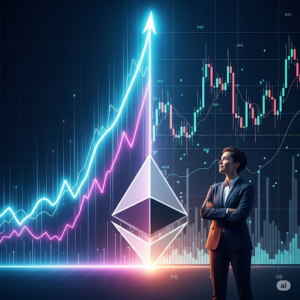 Eine dramatische, symbolische Grafik, die einen Mann zeigt, der selbstbewusst vor dem Ethereum-Logo steht. Links von ihm symbolisiert ein Diagramm mit einem steil ansteigenden, leuchtenden Chart die Euphorie des Marktes. Rechts von ihm zeigt ein komplexeres Diagramm mit Volatilität die Realität.