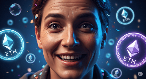 Nahaufnahme eines freudigen Gesichts, das von leuchtenden, futuristischen Kryptowährungssymbolen in hellen Neonfarben beleuchtet wird. Die Szene hat einen hochtechnologischen, futuristischen Stil im Querformat.