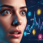 Nahaufnahme einer Frau mit einem überraschten Ausdruck. Im Hintergrund sind leuchtende Ethereum-Charts und verschiedene Altcoin-Logos in einem futuristischen, neonfarbenen Stil zu sehen.
