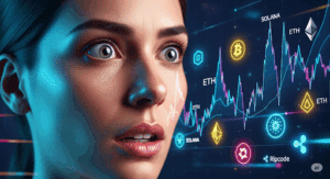 Nahaufnahme einer Frau mit einem überraschten Ausdruck. Im Hintergrund sind leuchtende Ethereum-Charts und verschiedene Altcoin-Logos in einem futuristischen, neonfarbenen Stil zu sehen.