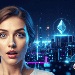 Nahaufnahme einer Frau mit einem überraschten Ausdruck. Im Hintergrund sind leuchtende Ethereum-Charts und verschiedene Altcoin-Logos in einem futuristischen, neonfarbenen Stil zu sehen.