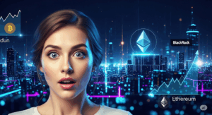 Nahaufnahme einer Frau mit einem überraschten Ausdruck. Im Hintergrund sind leuchtende Ethereum-Charts und verschiedene Altcoin-Logos in einem futuristischen, neonfarbenen Stil zu sehen.