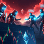 Eine düstere Börsenlandschaft mit fallenden Charts und nervösen Tradern. Rote Ethereum-Logos sind überall zu sehen, während ein leuchtender Snorter-Roboter auf einem Solana-Logo aus dem Chaos hervorsticht.