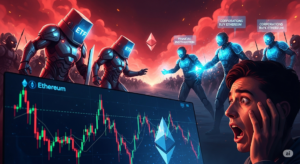Eine düstere Börsenlandschaft mit fallenden Charts und nervösen Tradern. Rote Ethereum-Logos sind überall zu sehen, während ein leuchtender Snorter-Roboter auf einem Solana-Logo aus dem Chaos hervorsticht.