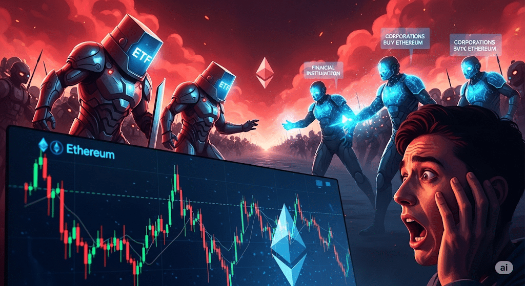 Eine düstere Börsenlandschaft mit fallenden Charts und nervösen Tradern. Rote Ethereum-Logos sind überall zu sehen, während ein leuchtender Snorter-Roboter auf einem Solana-Logo aus dem Chaos hervorsticht.