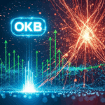 Eine energiegeladene und dynamische Grafik im Querformat. Das leuchtende OKB-Logo steigt in der Mitte des Bildes auf, umgeben von aufwärts gerichteten Charts und Datenströmen. Im Hintergrund explodiert der Kryptomarkt mit einem "Turbo"-Effekt, visualisiert durch leuchtende Linien und Partikel, die sich schnell bewegen und ein Gefühl von Aufregung und rasantem Wachstum vermittel