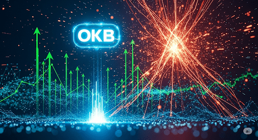 Eine energiegeladene und dynamische Grafik im Querformat. Das leuchtende OKB-Logo steigt in der Mitte des Bildes auf, umgeben von aufwärts gerichteten Charts und Datenströmen. Im Hintergrund explodiert der Kryptomarkt mit einem "Turbo"-Effekt, visualisiert durch leuchtende Linien und Partikel, die sich schnell bewegen und ein Gefühl von Aufregung und rasantem Wachstum vermittel