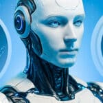 Ein androider Roboter mit menschlichen Gesichtszügen und blauen Augen blickt nach vorne. Im Hintergrund sind zwei leuchtende Symbole zu sehen, die Kryptowährungen oder digitale Assets repräsentieren. Die Szene ist in einer blauen Farbpalette gehalten und vermittelt ein Gefühl von Innovation und Fortschritt.