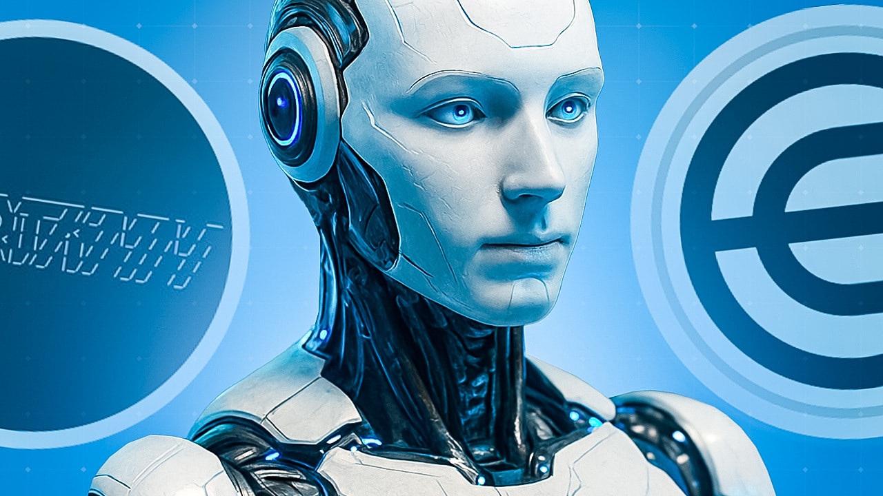 Ein androider Roboter mit menschlichen Gesichtszügen und blauen Augen blickt nach vorne. Im Hintergrund sind zwei leuchtende Symbole zu sehen, die Kryptowährungen oder digitale Assets repräsentieren. Die Szene ist in einer blauen Farbpalette gehalten und vermittelt ein Gefühl von Innovation und Fortschritt.