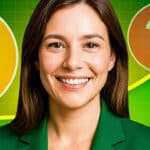 Eine lächelnde Frau blickt direkt in die Kamera. Im Hintergrund sind mehrere große, farbige Fragezeichen zu sehen, die die Unsicherheit und Komplexität der Kryptowährungsmärkte symbolisieren. Die Szene ist in einem hellen, positiven Grün gehalten.