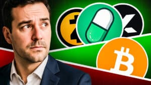 Ein nachdenklicher Mann blickt zur Seite, während hinter ihm Symbole verschiedener Kryptowährungen und ein Medikamenten-Icon erscheinen.