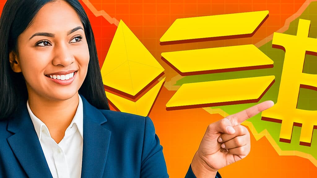 Eine Frau im Business-Outfit deutet auf die Logos von Ethereum, Solana und Bitcoin vor einem roten Hintergrund mit fallendem Kursdiagramm – Symbol für sinkende Kryptopreise.
