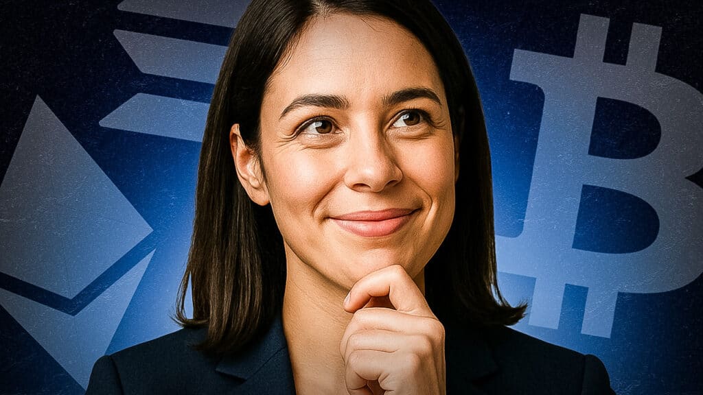 Eine lächelnde Frau blickt nachdenklich in die Ferne. Im Hintergrund sind die Logos von Bitcoin und Ethereum in einem blauen Farbschema zu sehen, was eine positive Stimmung in Bezug auf den Kryptomarkt symbolisiert.