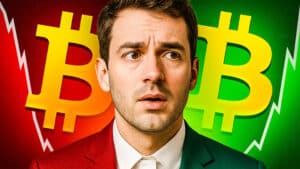 Ein Mann mit einem überraschten und ängstlichen Gesichtsausdruck blickt in die Ferne. Im Hintergrund sind zwei riesige Bitcoin-Symbole zu sehen, die auf einem geteilten Hintergrund von Rot (links) und Grün (rechts) liegen, was auf die Volatilität und Unsicherheit des Marktes hindeutet.