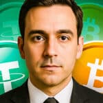 Ein Mann mit ernstem, entschlossenem Gesichtsausdruck blickt direkt in die Kamera. Im Hintergrund sind die Logos von Bitcoin und Tether zu sehen, die von angedeuteten amerikanischen Flaggen umrahmt werden. Die Szene ist in einer grün-orangen Farbpalette gehalten und vermittelt ein Gefühl von Ernsthaftigkeit.